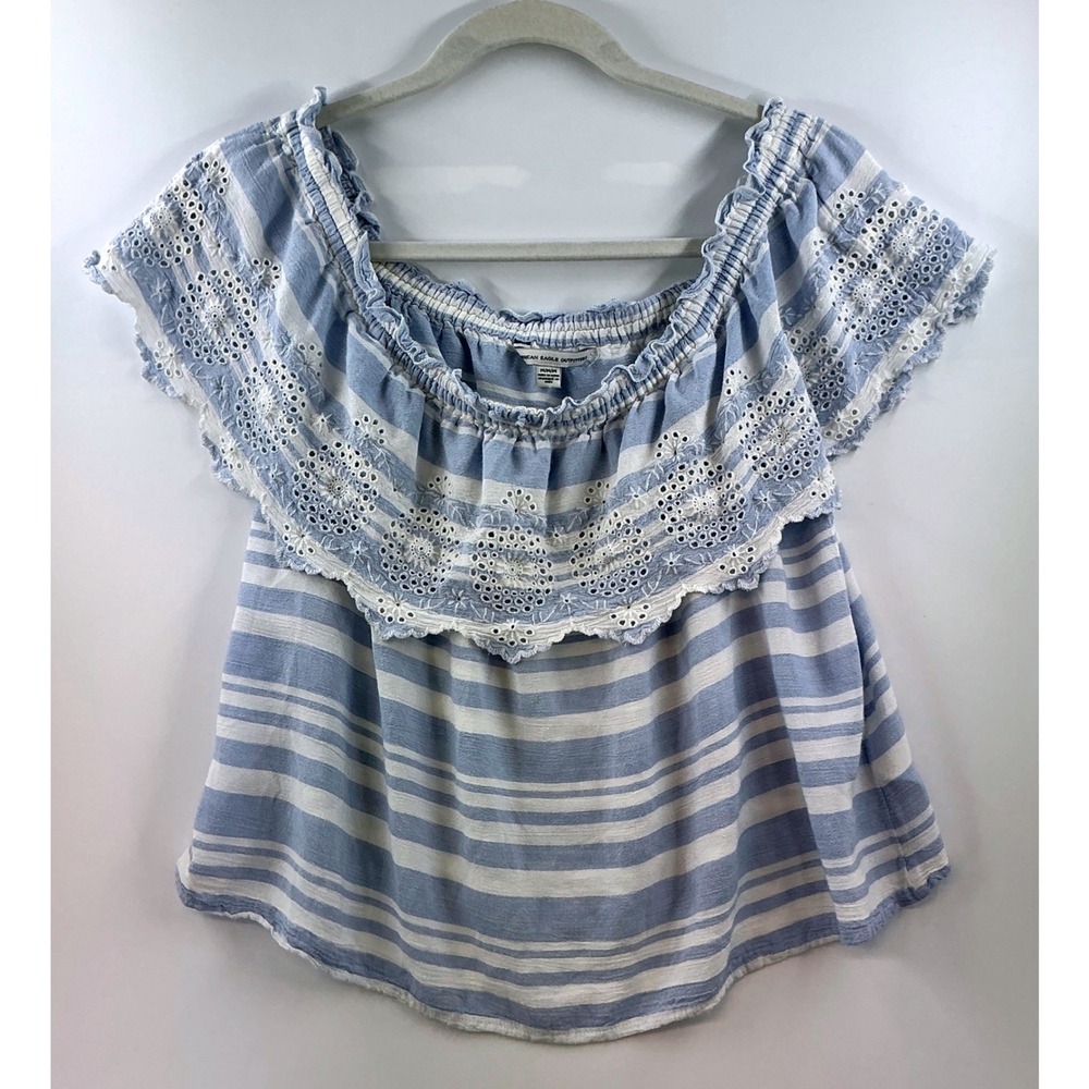 American Eagle Boho Eyelet Ruffle Peasant Top Sz M Blue White Striped